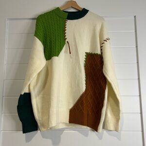 Men's Patchwork Crewneck Sweater - Cream, Green, and Brown